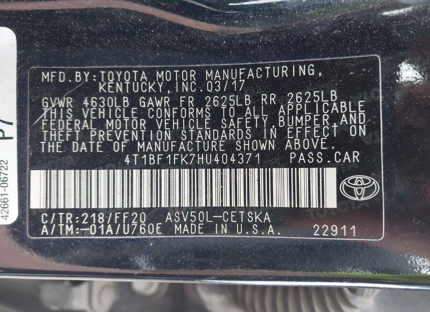 Photo 9 of 2017 Toyota Camry SE (VIN 4T1BF1FK7HU404371)