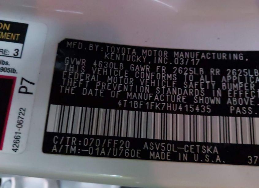 Photo 9 of 2017 Toyota Camry SE (VIN 4T1BF1FK7HU415435)