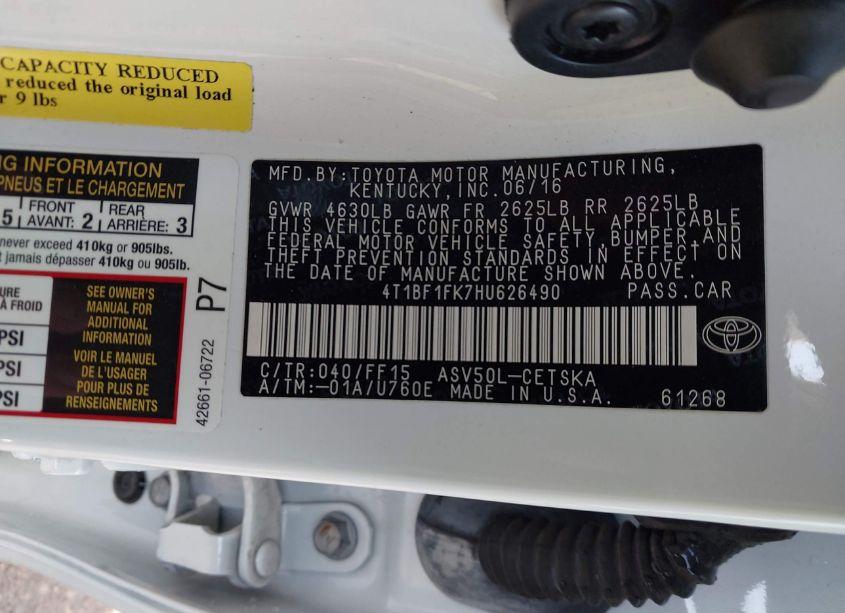 Photo 9 of 2017 Toyota Camry SE (VIN 4T1BF1FK7HU626490)