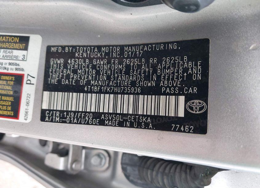 Photo 9 of 2017 Toyota Camry SE (VIN 4T1BF1FK7HU735936)