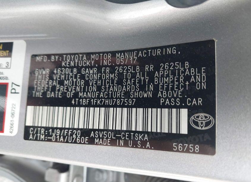 Photo 9 of 2017 Toyota Camry SE (VIN 4T1BF1FK7HU787597)