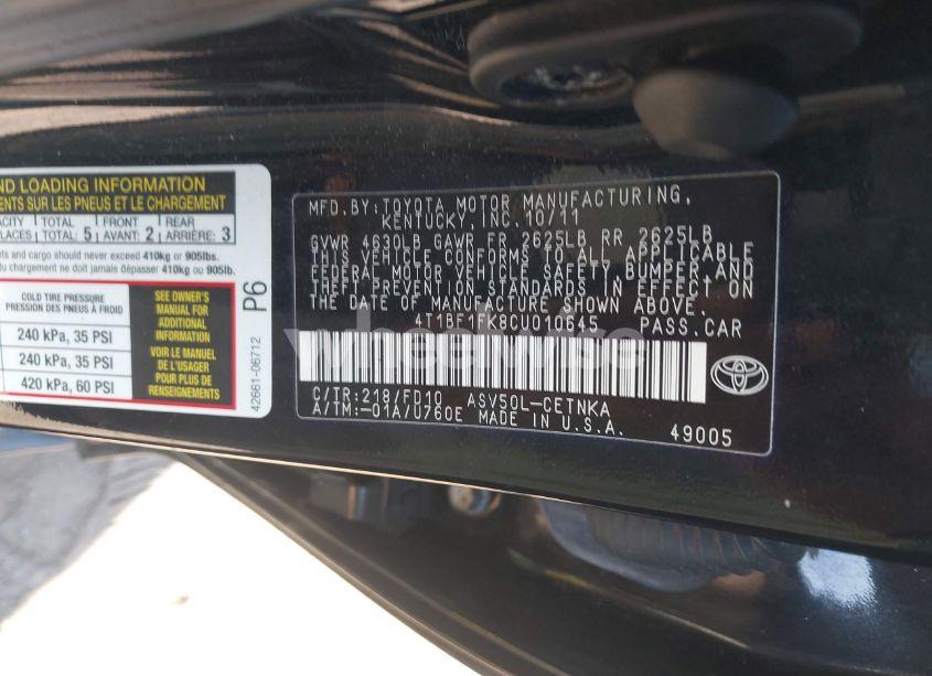 Photo 9 of 2012 Toyota Camry LE (VIN 4T1BF1FK8CU010645)