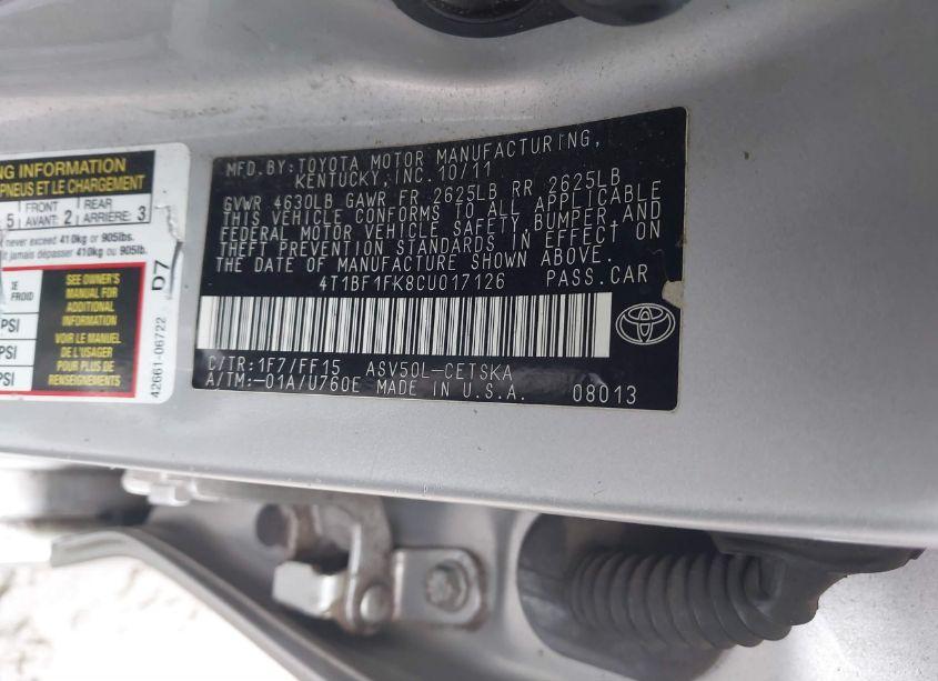 Photo 9 of 2012 Toyota Camry SE (VIN 4T1BF1FK8CU017126)