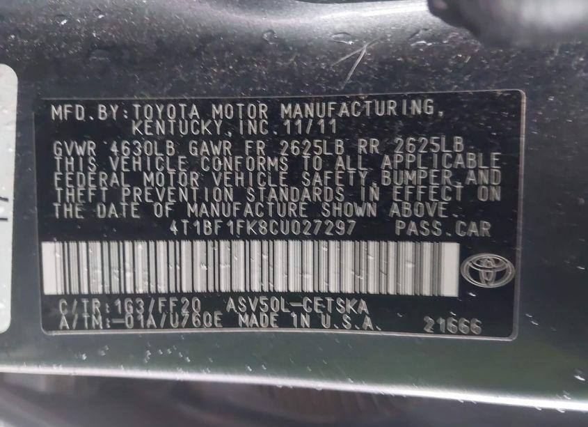 Photo 9 of 2012 Toyota Camry SE (VIN 4T1BF1FK8CU027297)