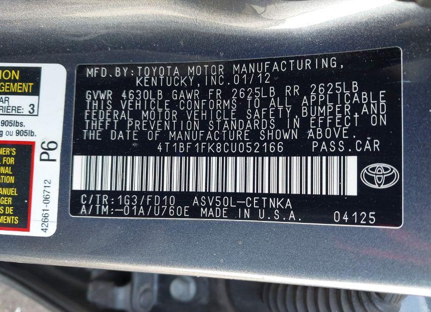 Photo 9 of 2012 Toyota Camry LE (VIN 4T1BF1FK8CU052166)
