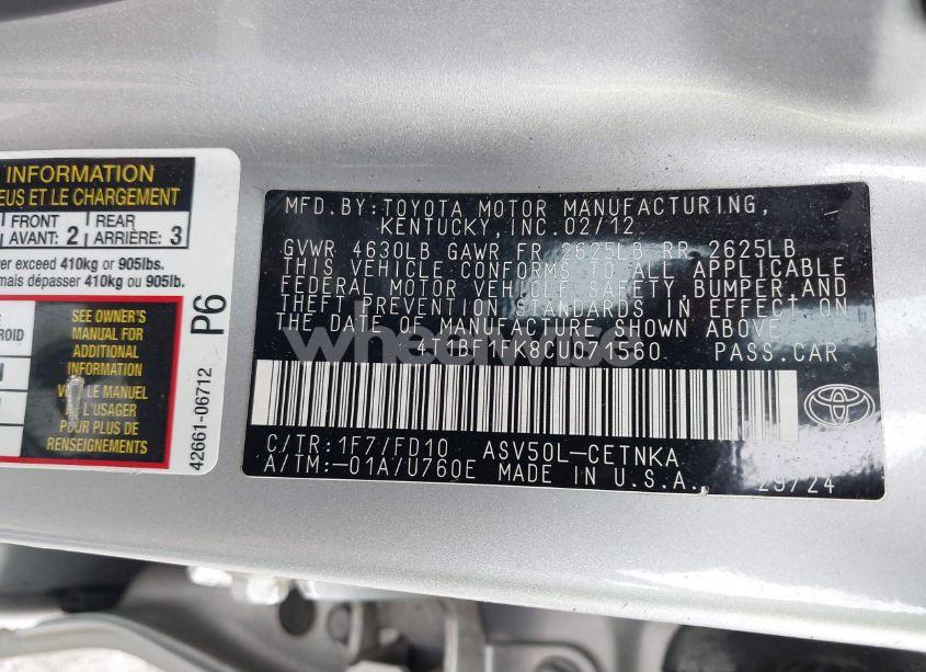 Photo 9 of 2012 Toyota Camry LE (VIN 4T1BF1FK8CU071560)