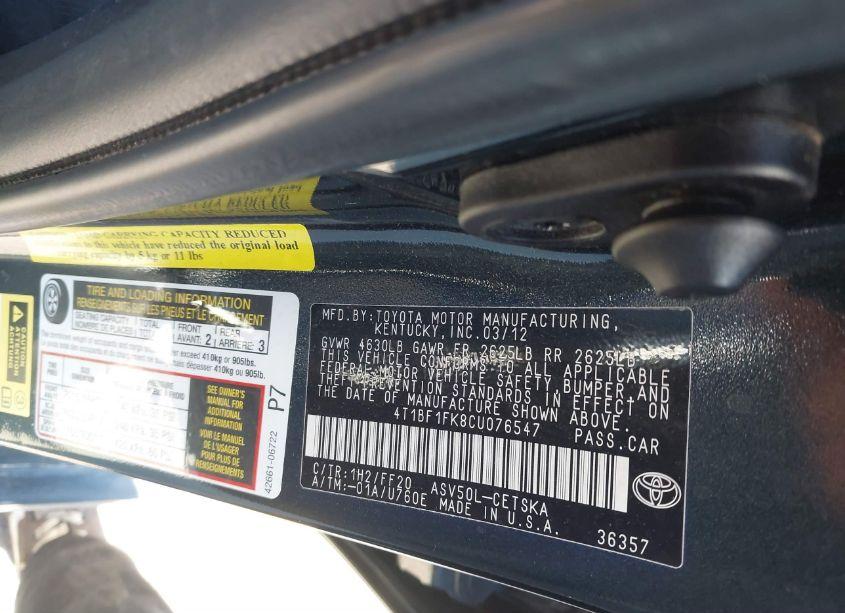 Photo 9 of 2012 Toyota Camry SE (VIN 4T1BF1FK8CU076547)