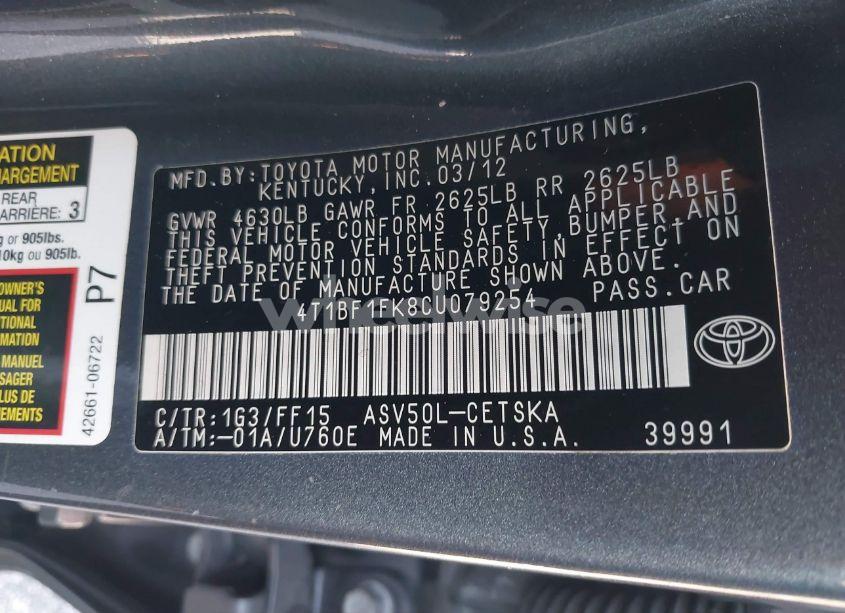 Photo 9 of 2012 Toyota Camry SE (VIN 4T1BF1FK8CU079254)