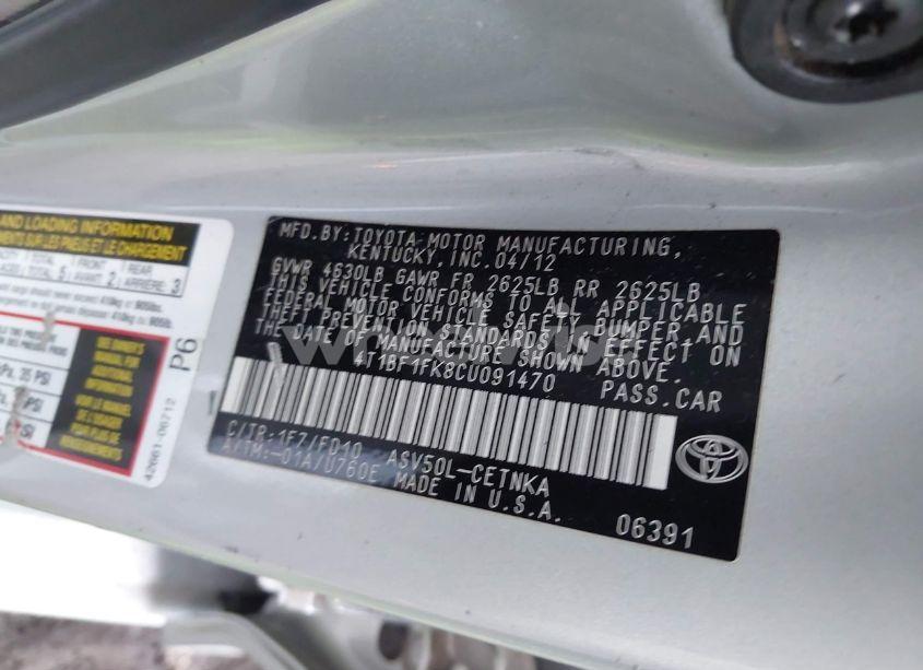 Photo 9 of 2012 Toyota Camry LE (VIN 4T1BF1FK8CU091470)