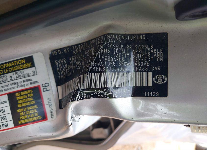 Photo 9 of 2012 Toyota Camry LE (VIN 4T1BF1FK8CU094904)