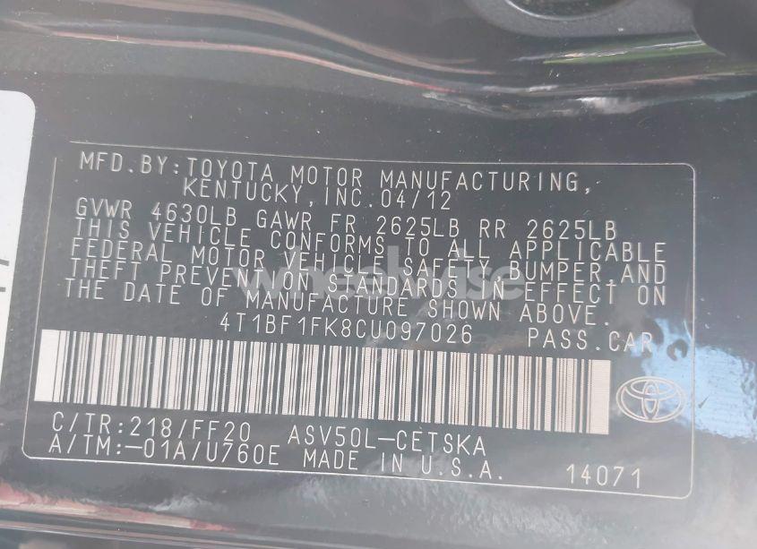 Photo 9 of 2012 Toyota Camry SE (VIN 4T1BF1FK8CU097026)