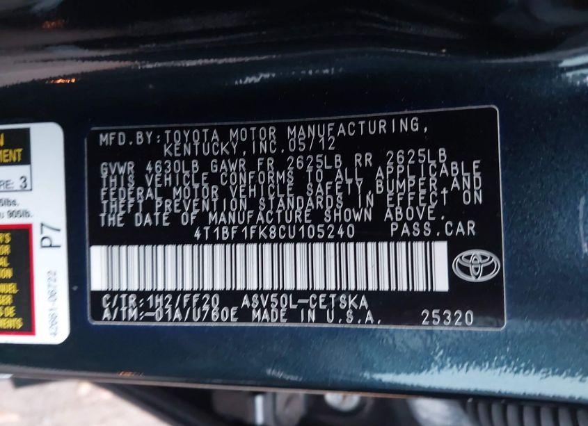 Photo 9 of 2012 Toyota Camry SE (VIN 4T1BF1FK8CU105240)