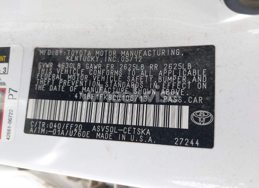 Photo 9 of 2012 Toyota Camry SE (VIN 4T1BF1FK8CU106713)