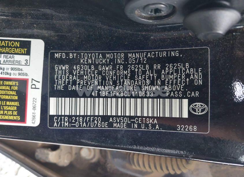 Photo 9 of 2012 Toyota Camry SE (VIN 4T1BF1FK8CU110633)