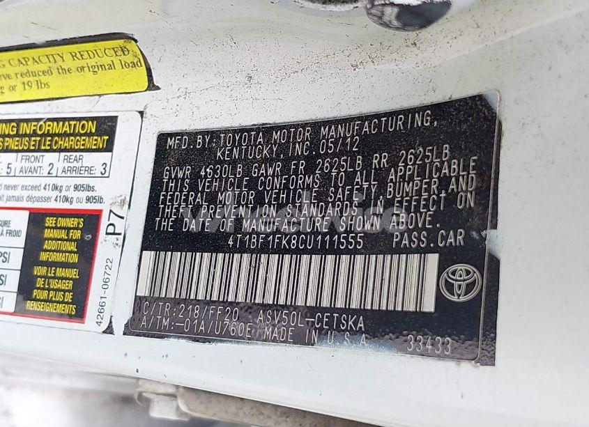 Photo 9 of 2012 Toyota Camry SE (VIN 4T1BF1FK8CU111555)