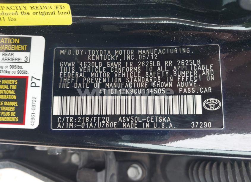 Photo 9 of 2012 Toyota Camry SE (VIN 4T1BF1FK8CU114505)