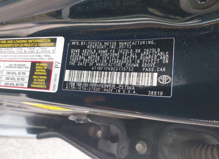 Photo 9 of 2012 Toyota Camry SE (VIN 4T1BF1FK8CU115752)