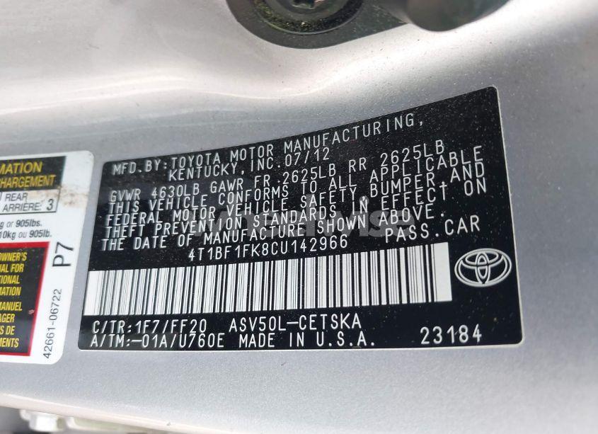 Photo 9 of 2012 Toyota Camry SE (VIN 4T1BF1FK8CU142966)