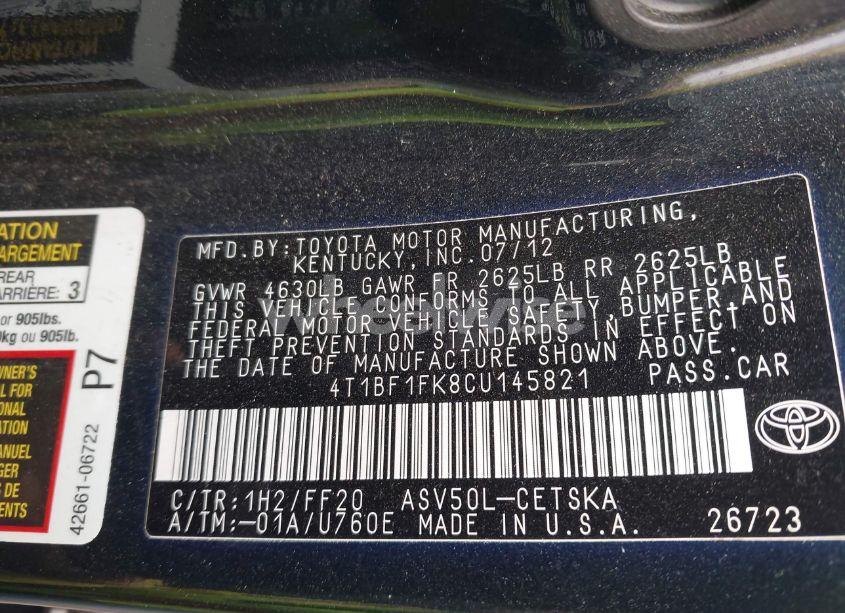 Photo 9 of 2012 Toyota Camry SE (VIN 4T1BF1FK8CU145821)