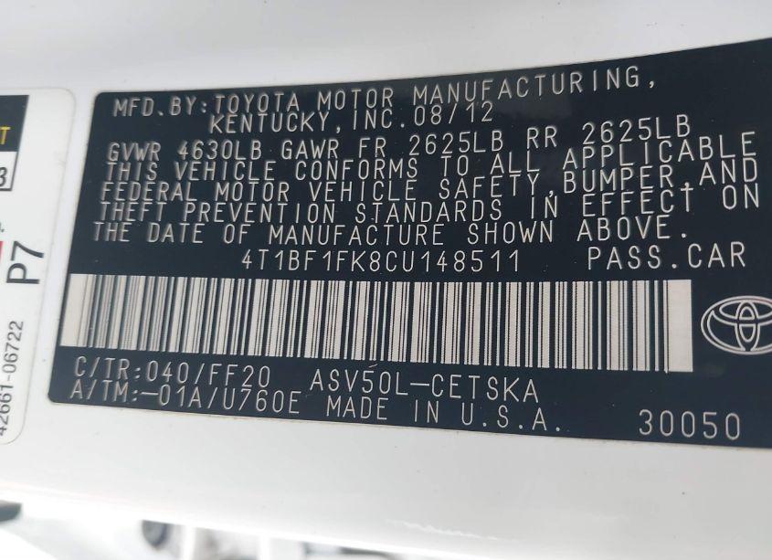 Photo 9 of 2012 Toyota Camry SE (VIN 4T1BF1FK8CU148511)