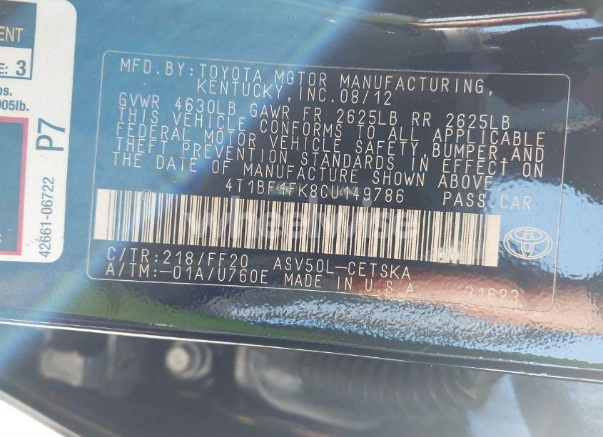 Photo 9 of 2012 Toyota Camry SE (VIN 4T1BF1FK8CU149786)