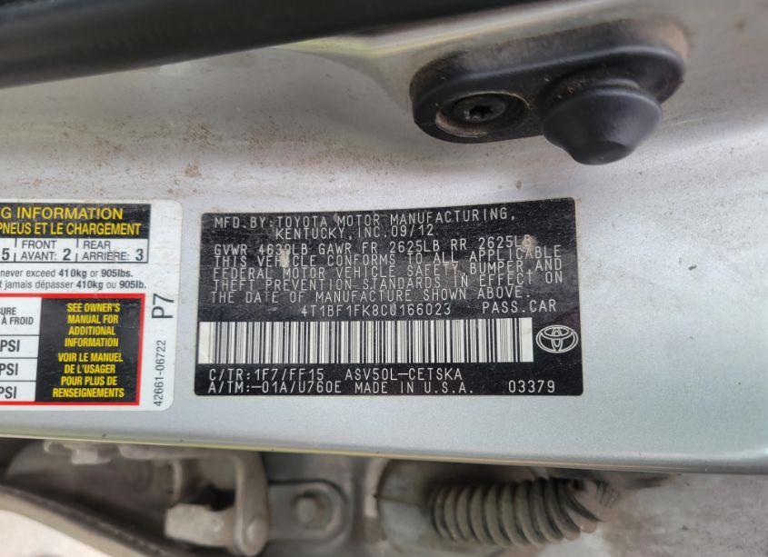 Photo 9 of 2012 Toyota Camry SE/LE/XLE (VIN 4T1BF1FK8CU166023)