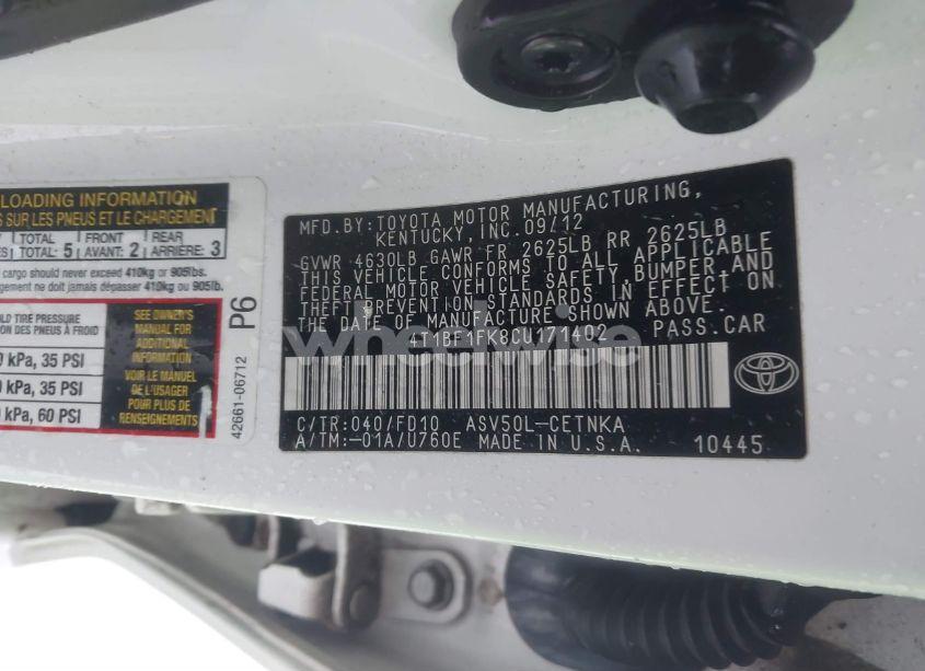 Photo 9 of 2012 Toyota Camry LE (VIN 4T1BF1FK8CU171402)