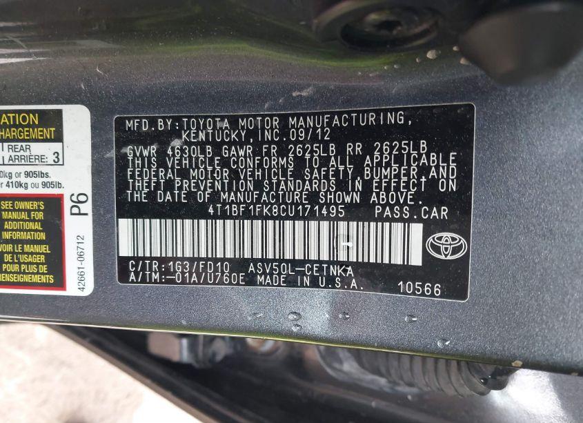 Photo 9 of 2012 Toyota Camry LE (VIN 4T1BF1FK8CU171495)