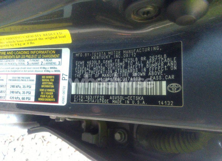 Photo 9 of 2012 Toyota Camry SE (VIN 4T1BF1FK8CU174199)