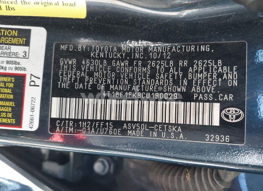 Photo 9 of 2012 Toyota Camry SE (VIN 4T1BF1FK8CU190029)