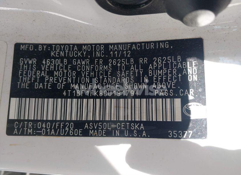 Photo 9 of 2012 Toyota Camry SE (VIN 4T1BF1FK8CU191794)