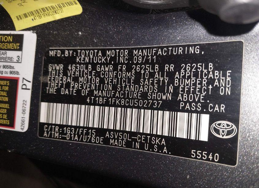 Photo 9 of 2012 Toyota Camry SE (VIN 4T1BF1FK8CU502737)