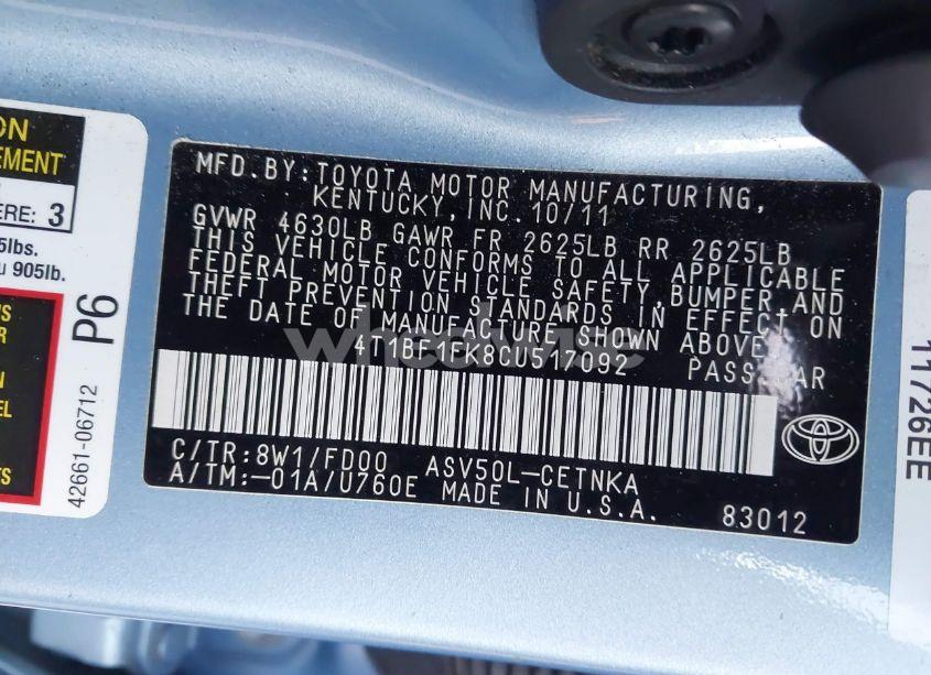 Photo 9 of 2012 Toyota Camry LE (VIN 4T1BF1FK8CU517092)