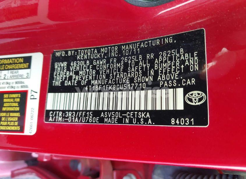 Photo 9 of 2012 Toyota Camry SE (VIN 4T1BF1FK8CU517710)