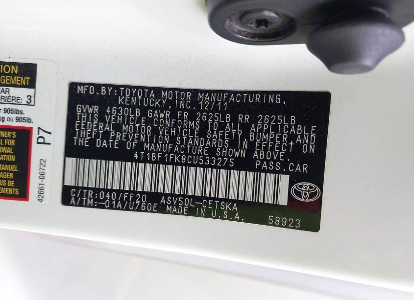 Photo 9 of 2012 Toyota Camry SE (VIN 4T1BF1FK8CU533275)