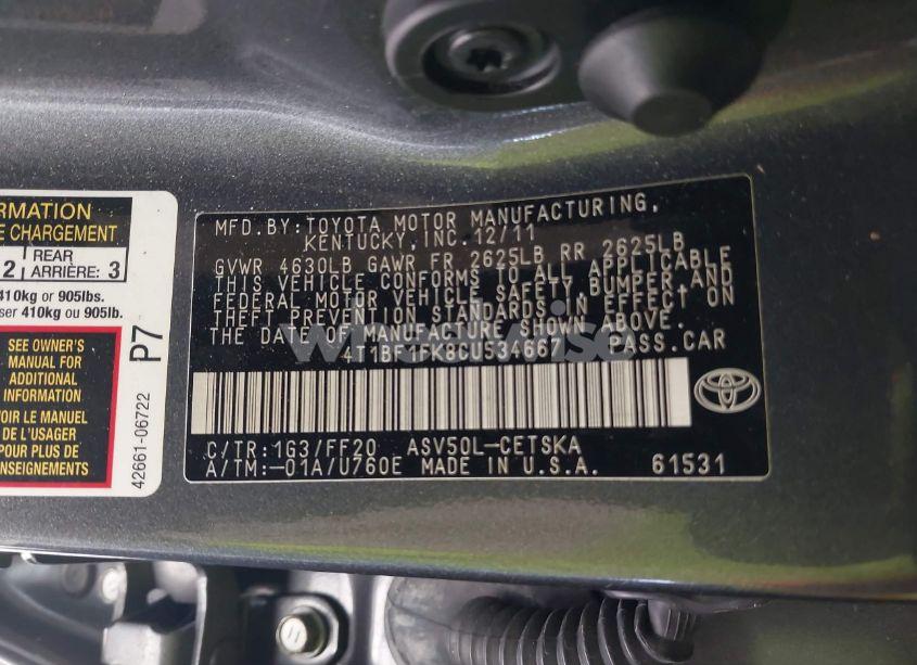 Photo 9 of 2012 Toyota Camry SE (VIN 4T1BF1FK8CU534667)