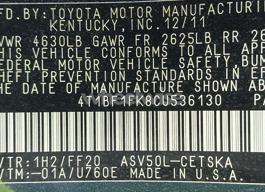 Photo 9 of 2012 Toyota Camry SE (VIN 4T1BF1FK8CU536130)