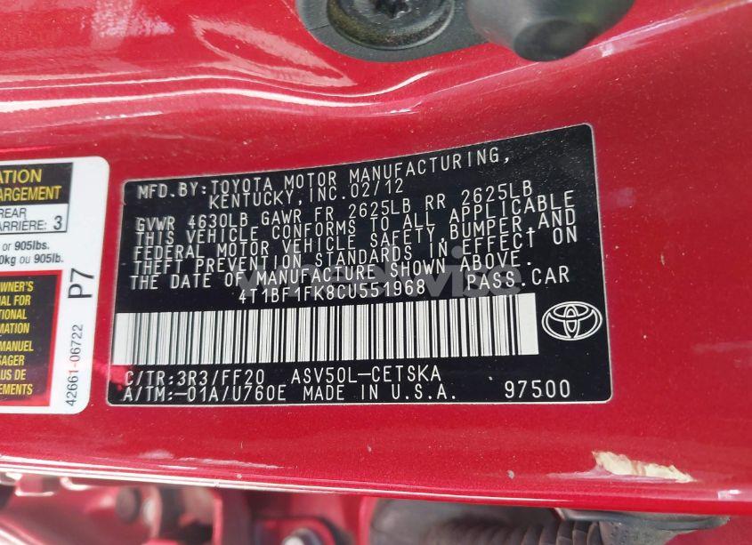 Photo 9 of 2012 Toyota Camry SE (VIN 4T1BF1FK8CU551968)