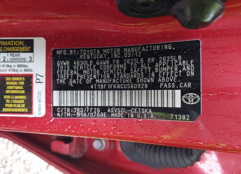 Photo 9 of 2012 Toyota Camry SE (VIN 4T1BF1FK8CU560928)