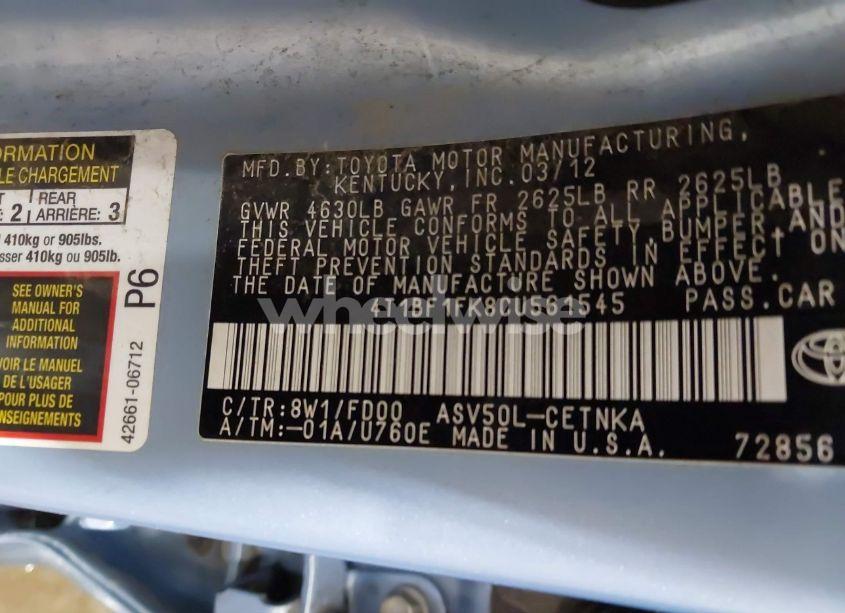 Photo 9 of 2012 Toyota Camry LE (VIN 4T1BF1FK8CU561545)
