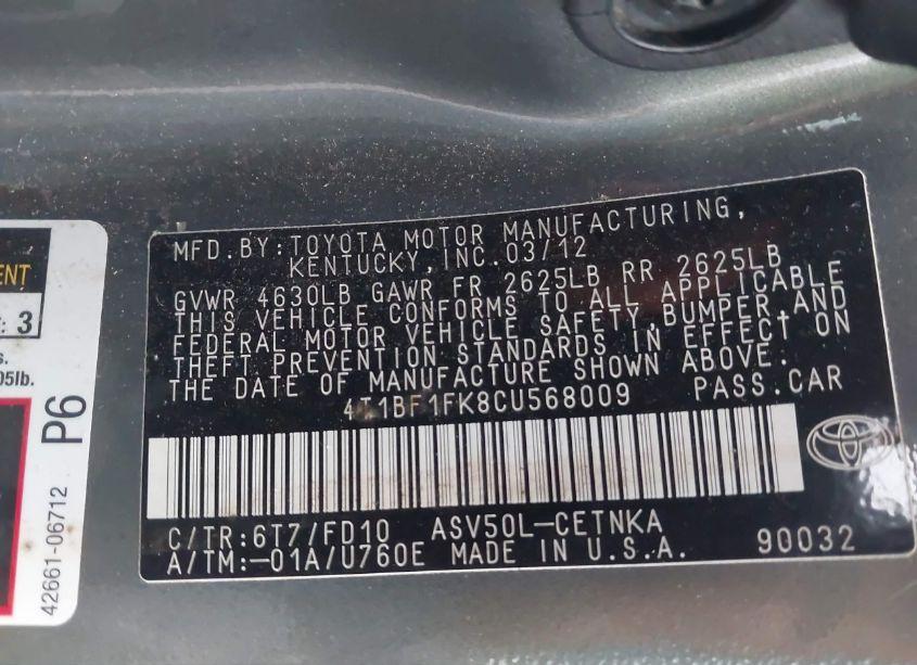 Photo 9 of 2012 Toyota Camry LE (VIN 4T1BF1FK8CU568009)