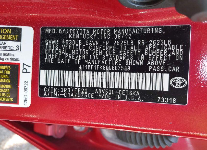 Photo 9 of 2012 Toyota Camry SE (VIN 4T1BF1FK8CU607519)