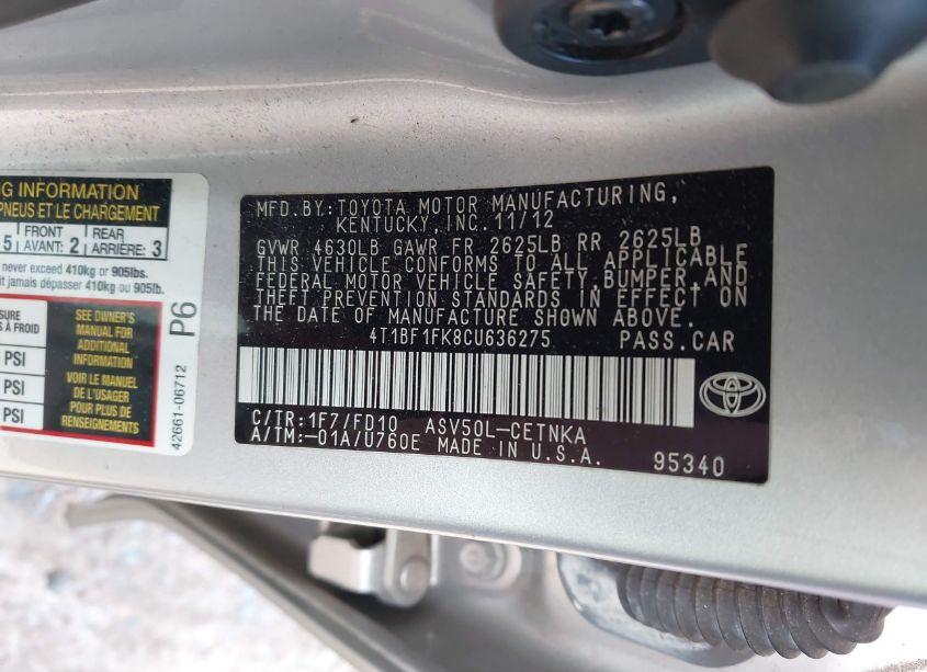 Photo 9 of 2012 Toyota Camry LE (VIN 4T1BF1FK8CU636275)