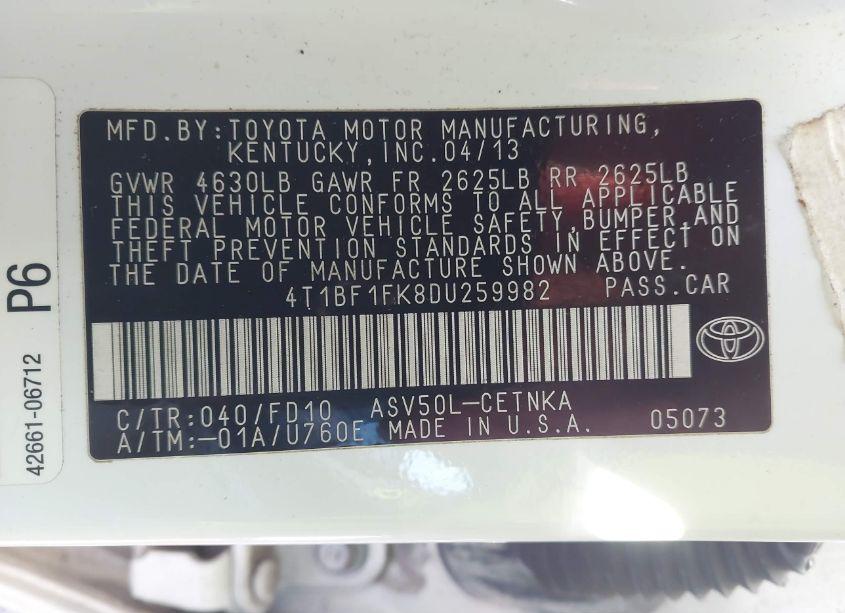 Photo 9 of 2013 Toyota Camry LE (VIN 4T1BF1FK8DU259982)