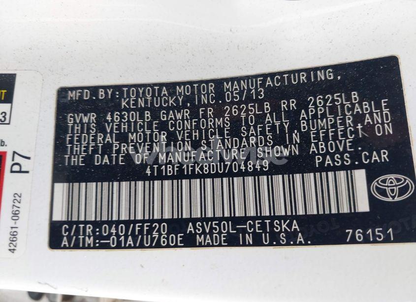 Photo 9 of 2013 Toyota Camry SE (VIN 4T1BF1FK8DU704849)