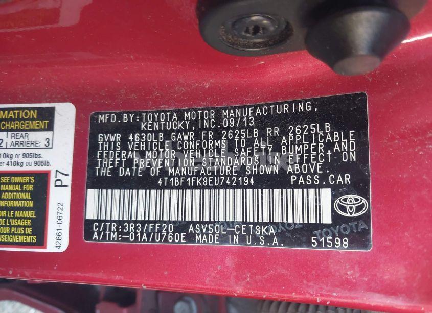 Photo 9 of 2014 Toyota Camry SE (VIN 4T1BF1FK8EU742194)