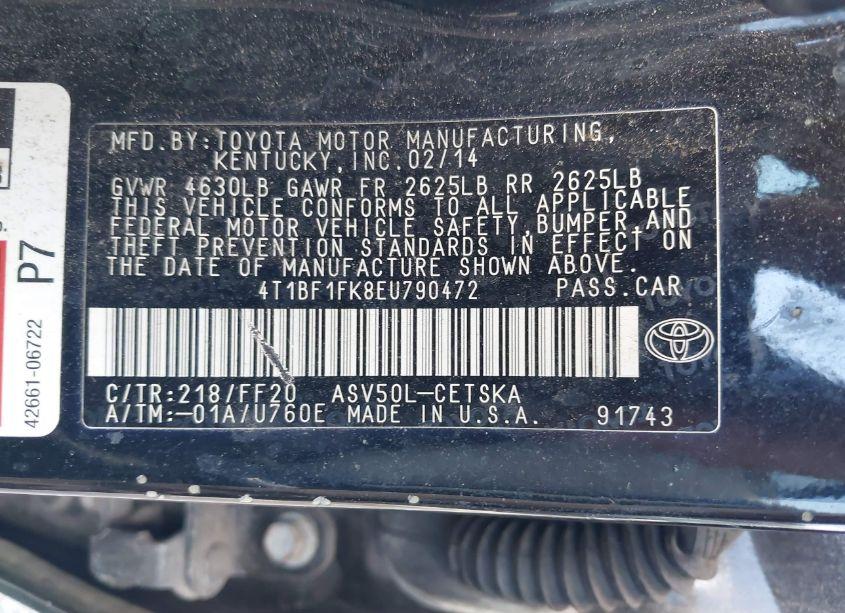 Photo 9 of 2014 Toyota Camry SE (VIN 4T1BF1FK8EU790472)