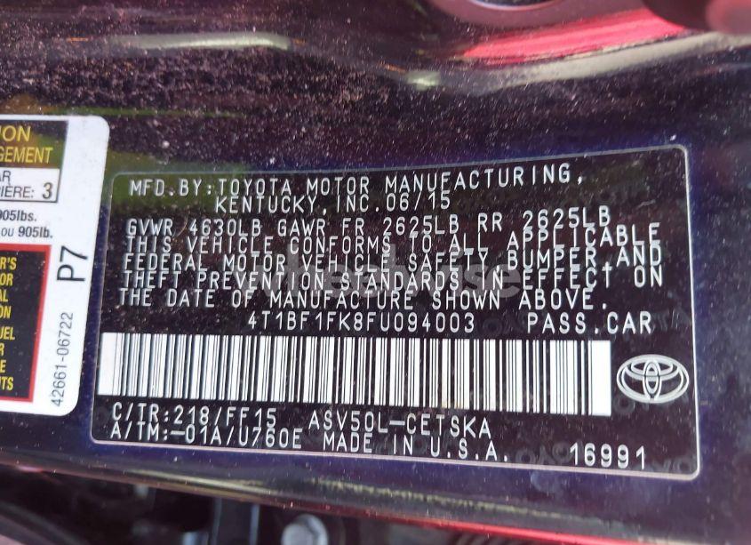 Photo 9 of 2015 Toyota Camry SE (VIN 4T1BF1FK8FU094003)