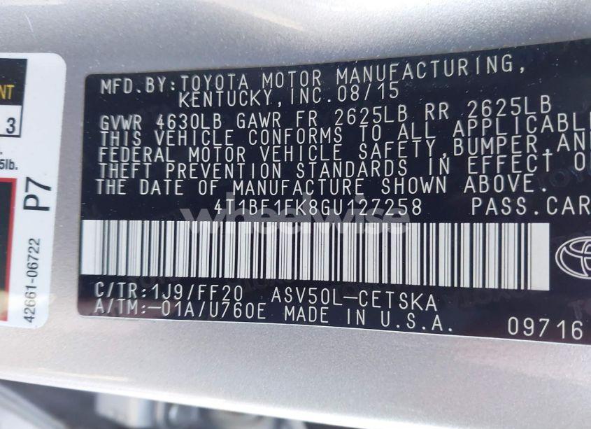 Photo 9 of 2016 Toyota Camry SE (VIN 4T1BF1FK8GU127258)