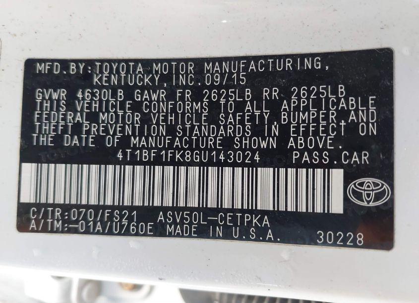 Photo 9 of 2016 Toyota Camry SE (VIN 4T1BF1FK8GU143024)